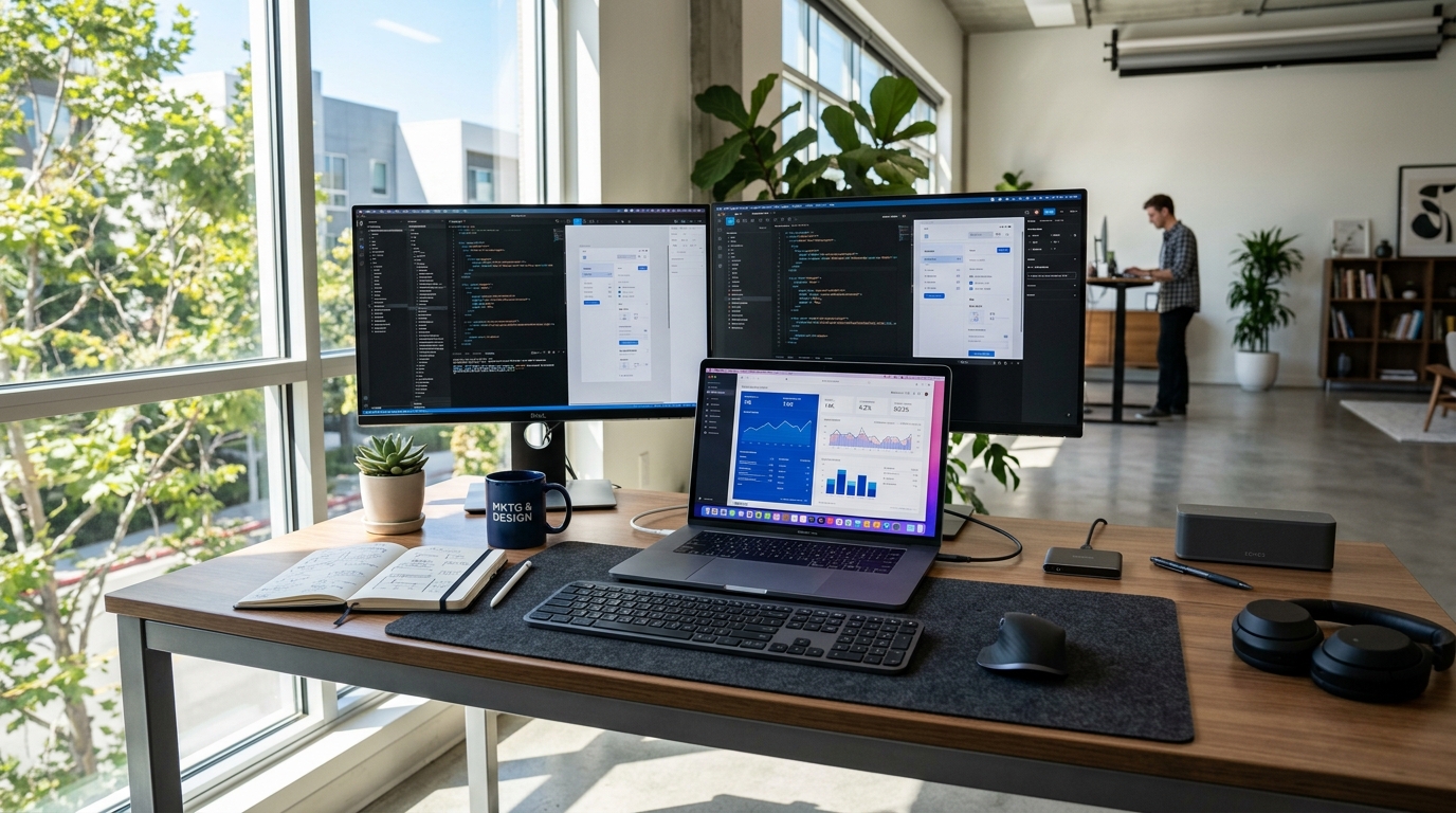 Digital marketing and web design workspace for Elminia Tyler's Web Designz in California